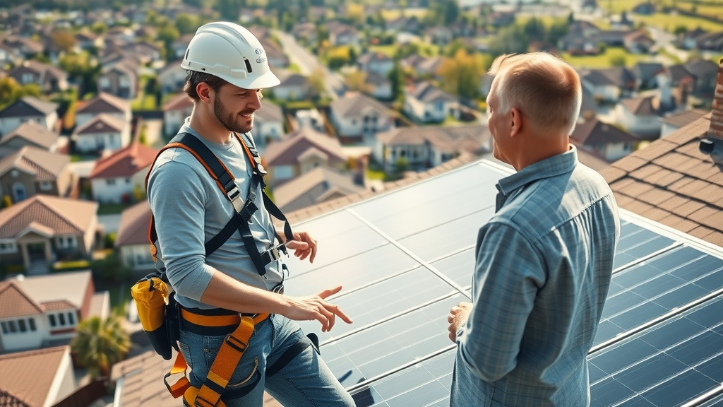 Solar technician installing residential solar panels with homeowner supervision