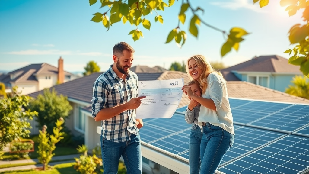 Young family with solar panels receiving solar energy rebates in sunny neighborhood