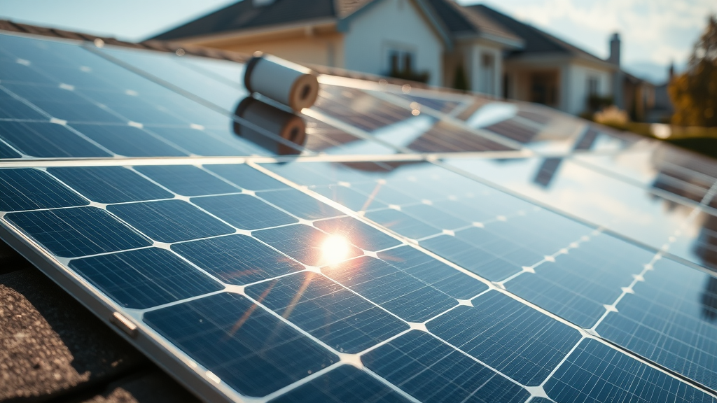 Detailed roof-top solar arrays absorbing sunlight for sustainable home power