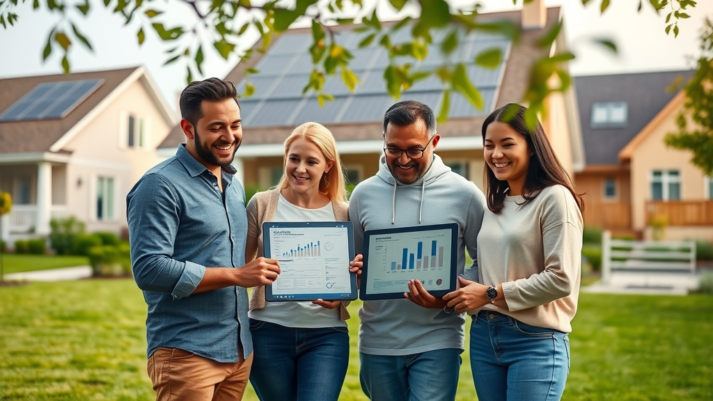 Young family reviewing solar financing options at home with rooftop solar panels
