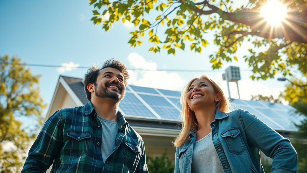 Homeowners admiring new roof-top solar arrays on a sunny day