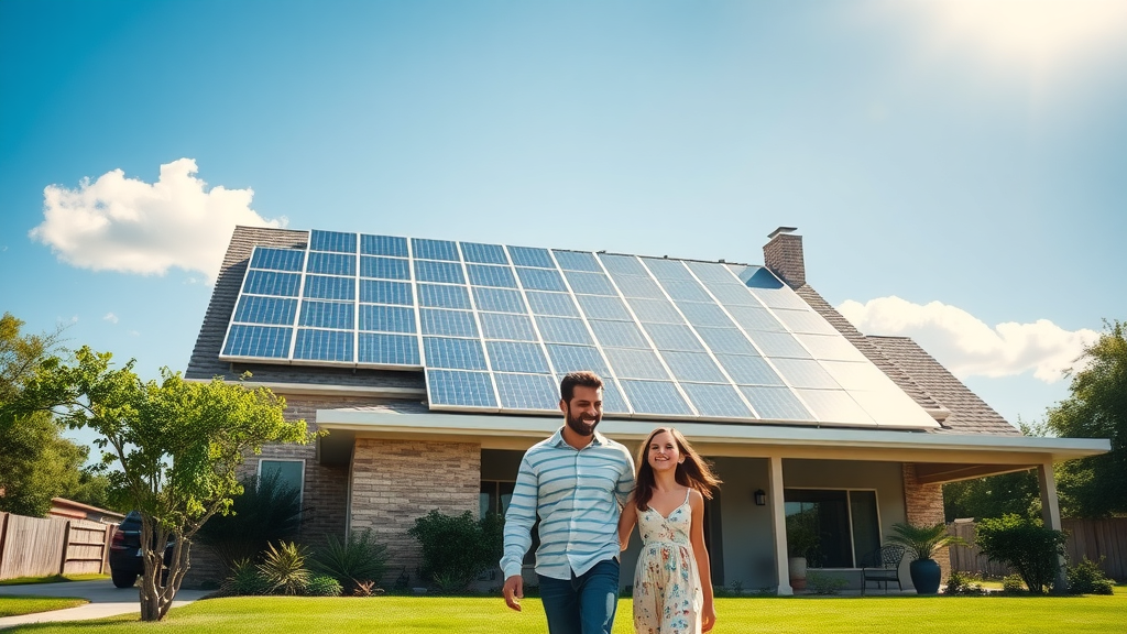 Texas home with solar panels and happy family showing Texas solar incentives