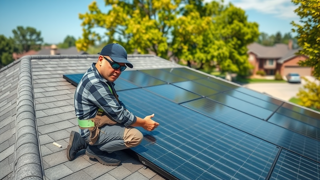 Roofing and solar expert inspecting seamless solar panel and shingle installation