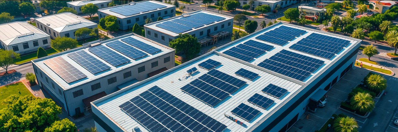 Aerial view of buildings with roof-top solar arrays under bright sunlight.