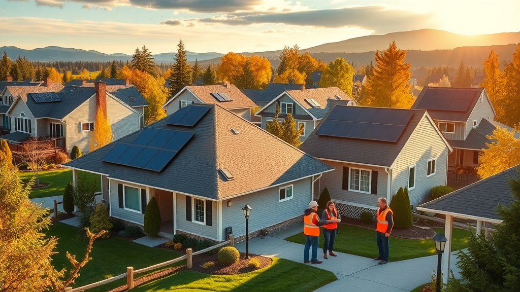 Vermont neighborhood with residential solar installation on rooftops