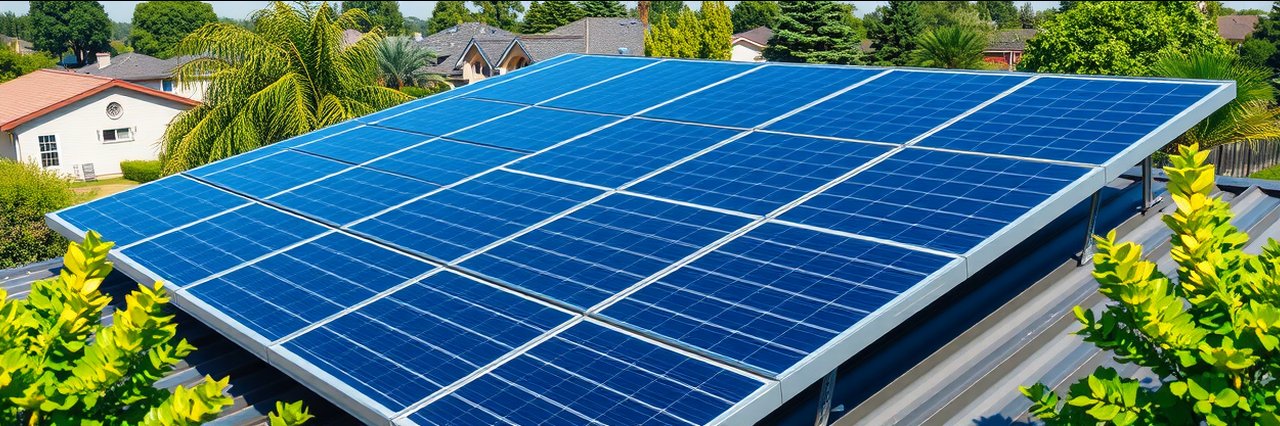 Residential rooftop solar panels for solar energy rebates, lush green background