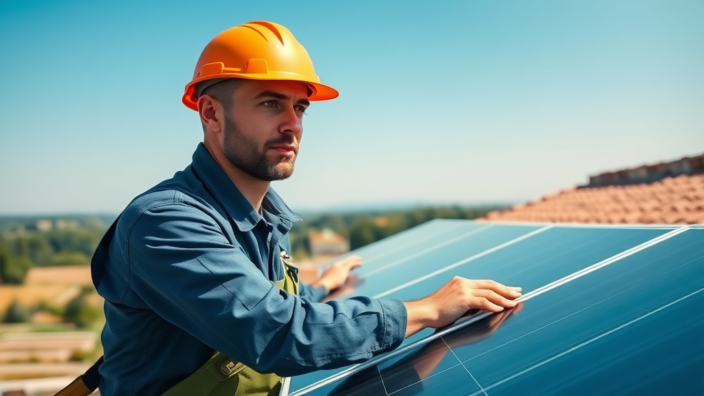 Residential solar installation technician adjusting solar panels on home
