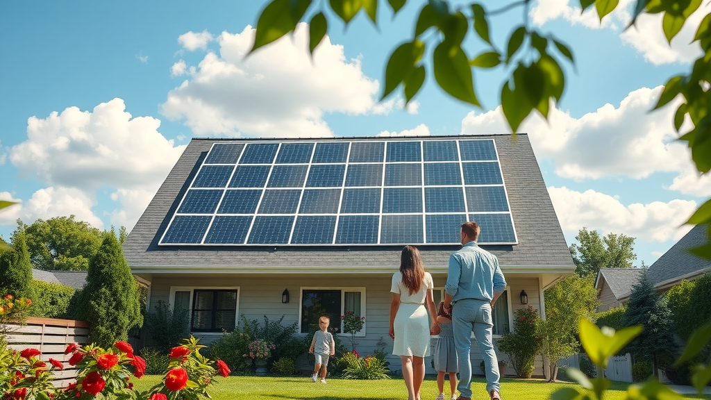 Residential solar installation on a modern home roof with family in backyard