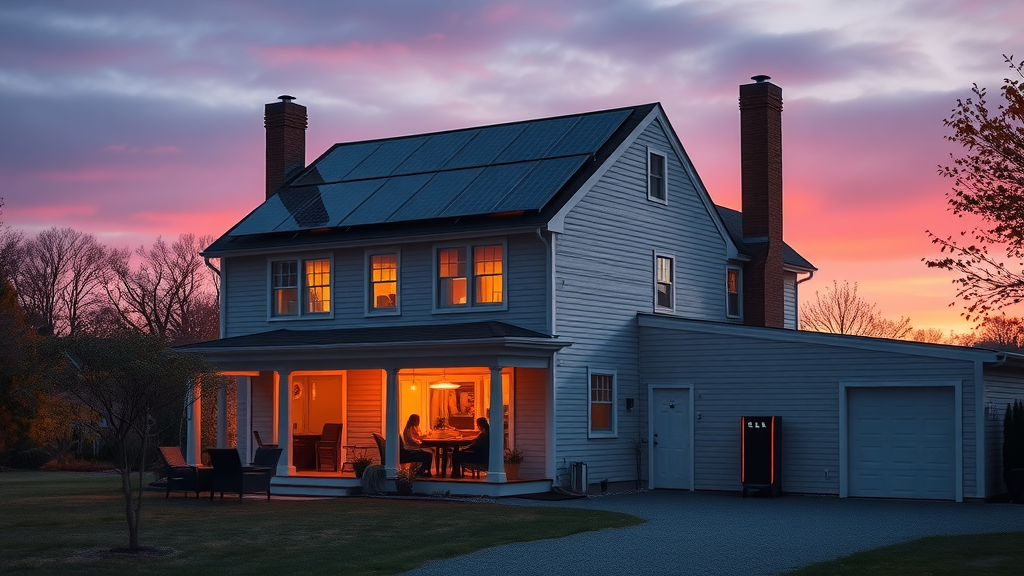 New England home at dusk with residential solar panels and battery storage