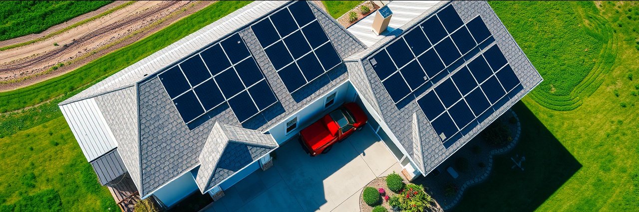 Modern home with roofing and solar panels in green landscape, aerial view