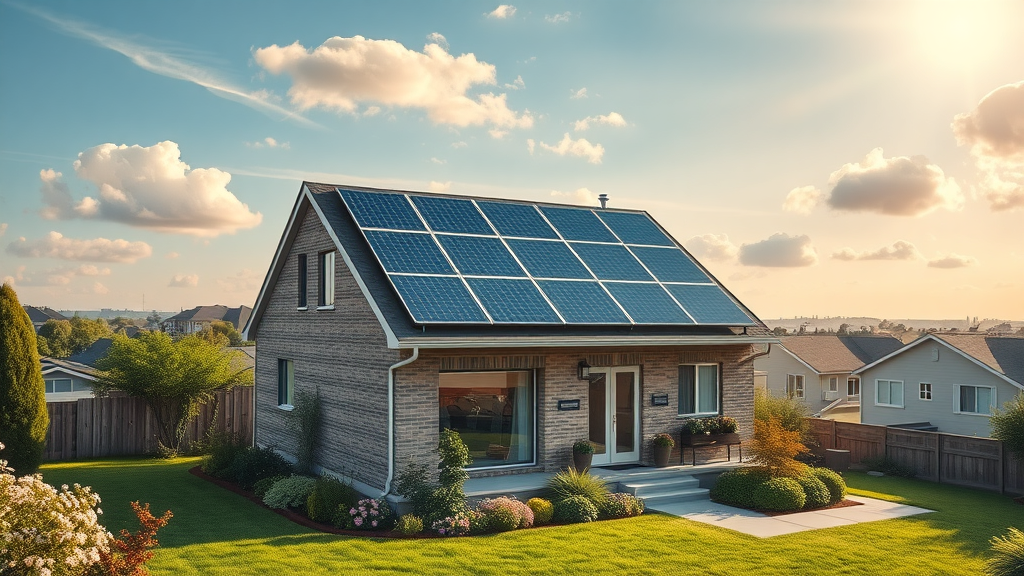 Modern home with roof-top solar arrays generating clean energy in the sun