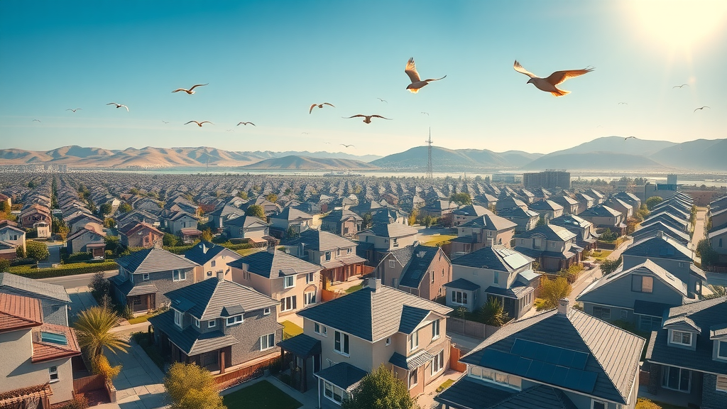 Neighborhood view with houses using roof-top solar arrays for clean energy