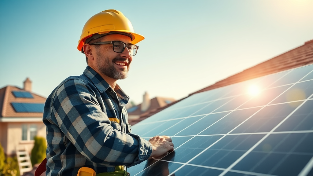 Solar technician installs panels as homeowner explores solar financing options