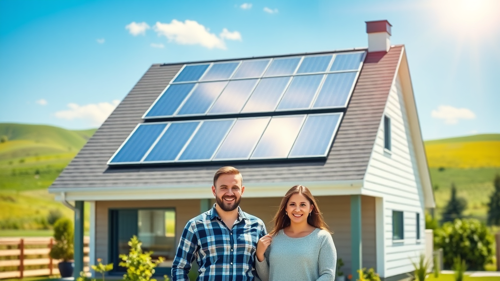 Modern home with residential solar installation and happy family outdoors