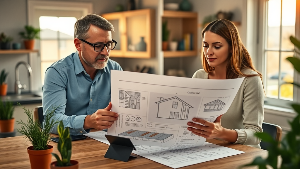 Consultant explaining residential solar installation plans to couple in kitchen