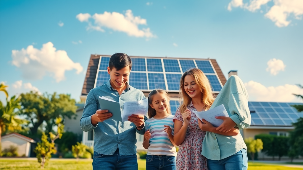 Bright modern suburban home with rooftop solar panels, family reviewing energy bills, showcasing savings from solar lease vs buy quotes
