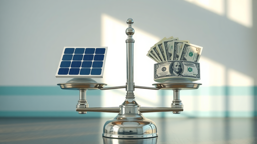 Balanced scale illustrating the pros and cons of solar lease quotes and solar buy quotes, dollar bills compared to solar panels
