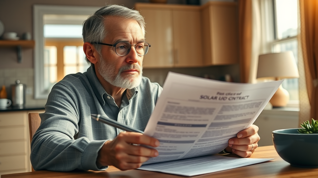 Homeowner reviewing detailed solar contract to clarify the fine print in solar lease and buying agreements