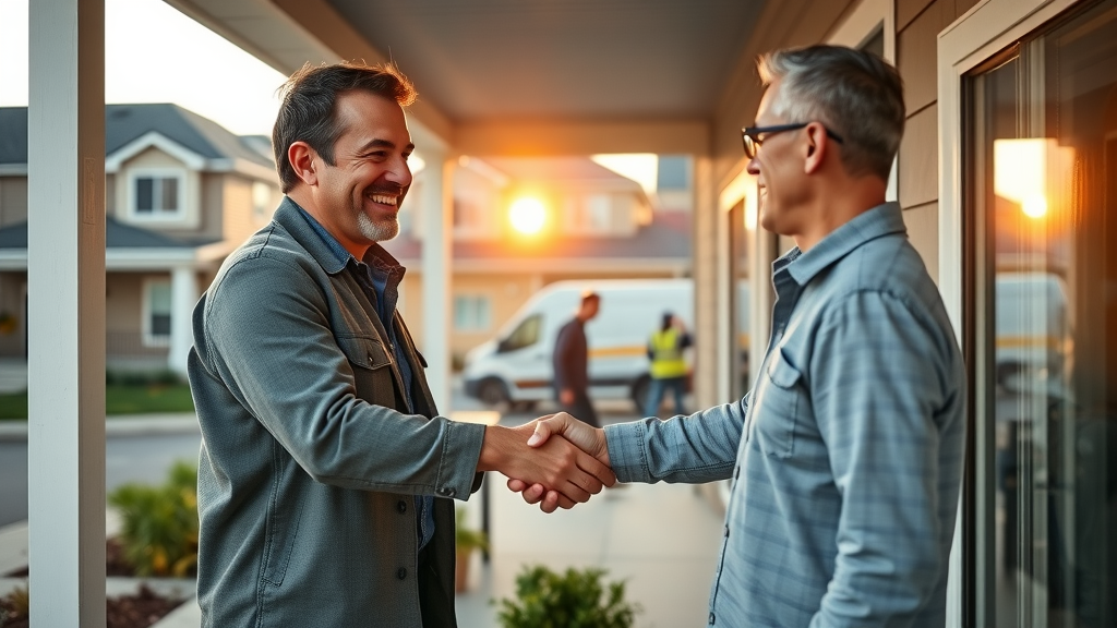 Energy advisor shakes hands with homeowner after completing solar installation, celebrating savings from best solar lease vs buy quote
