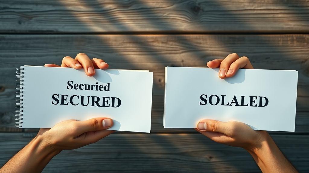 contrasting secured vs unsecured solar loan concepts, two hands each holding different document folders, solar loan type, serious expressions, illustrating choice, cinematic, wooden background with faint sunbeam symbolism, highly detailed folder labels, soft shadows, muted blues and earth tones, shot with a macro lens.