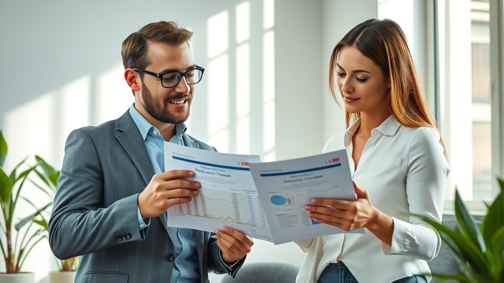 professional financial advisor and couple comparing solar loan offers, confident and collaborative, discussing numbers and charts, best solar loan quotes and rates, photorealistic high fidelity lifelike, sleek modern office with sunlight and potted plant, highly detailed paperwork, dynamic expressions, cool whites and green plants, gentle daylight, shot with a 35mm lens.