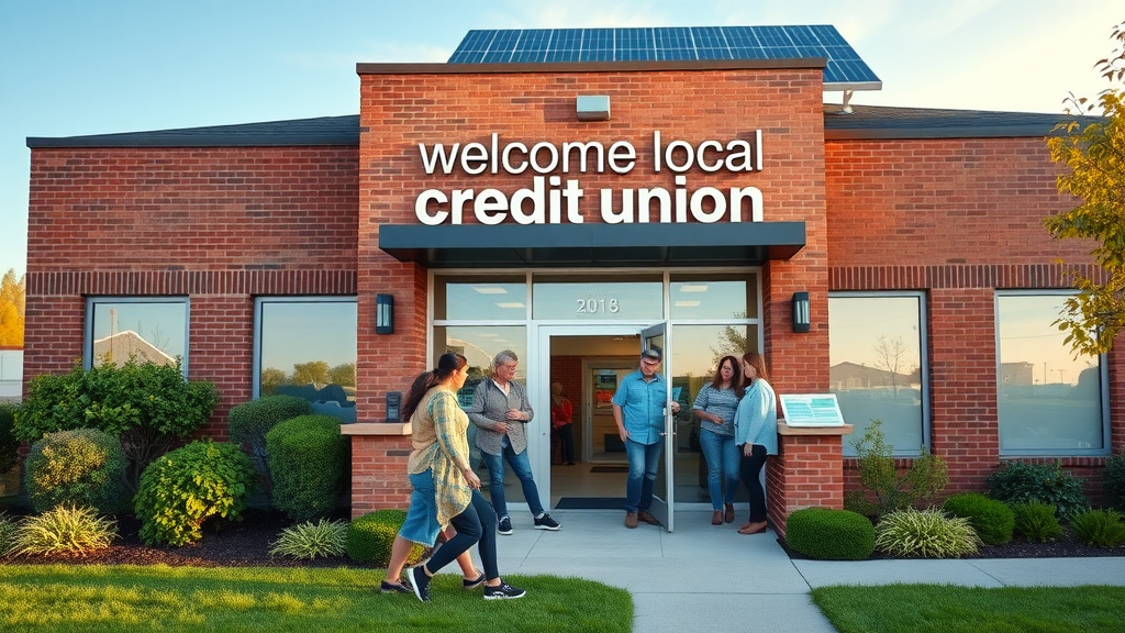 welcoming local credit union exterior, morning light, community members entering, trustworthy atmosphere, credit union features and advantages, photorealistic high fidelity lifelike, modern brick building with visible solar panels on roof, green landscaping, vibrant colors, clear sky, shot with a 24mm lens.