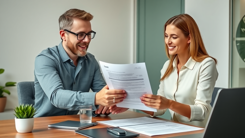 analytical young couple reviewing final solar loan contract with financial advisor, hopeful and reassured expressions, shaking hands, photorealistic high fidelity lifelike, professional office setting, detailed paperwork visible on table, neutral tones with green accents, soft ambient lighting, shot with an 85mm lens.