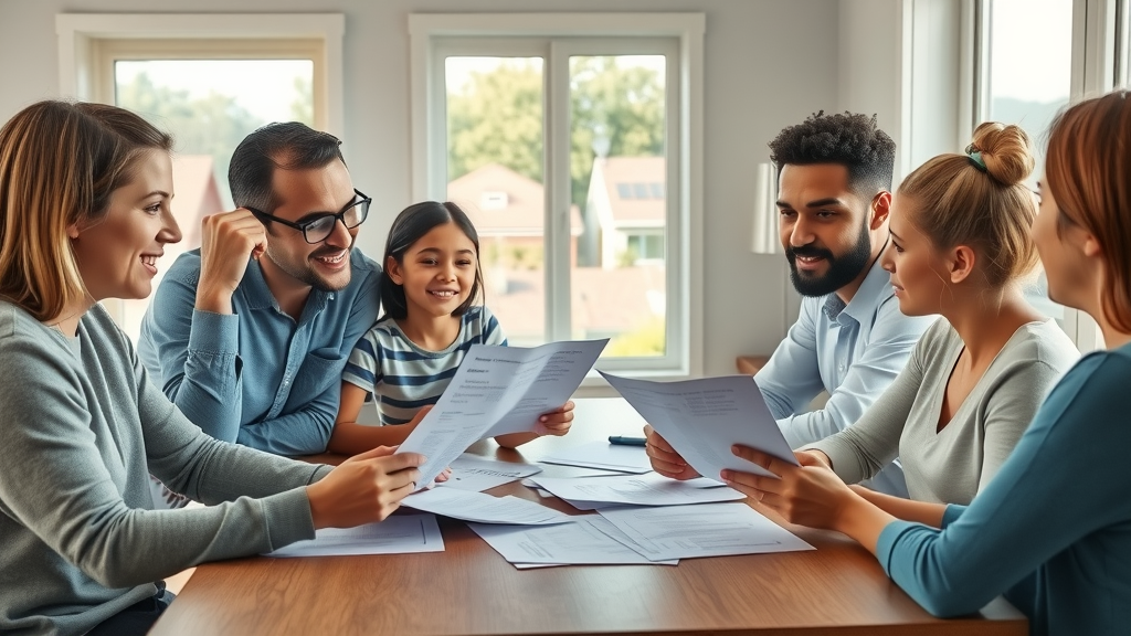 Diverse family analyzing solar panel quotes with a checklist at a sunlit kitchen table, solar panels visible on neighborhood roofs, evaluating solar panel quotes checklist