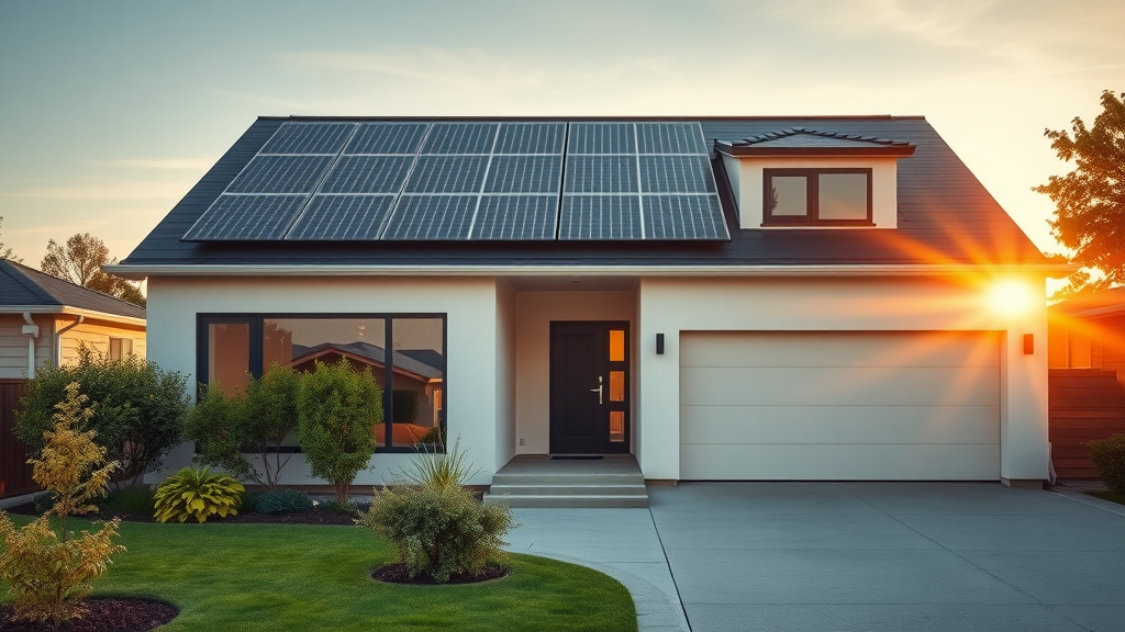 Modern home exterior at sunrise, solar panels on roof, illustrating energy cost savings from solar panel installation, evaluating solar panel quotes checklist
