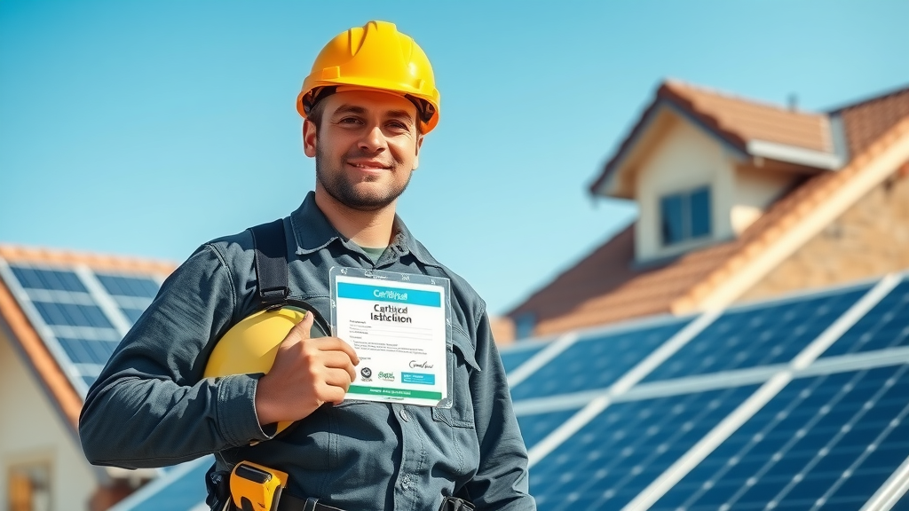 Friendly professional solar installer with certification, standing by home with solar panels, emphasizing certified solar panel installation, evaluating solar panel quotes checklist