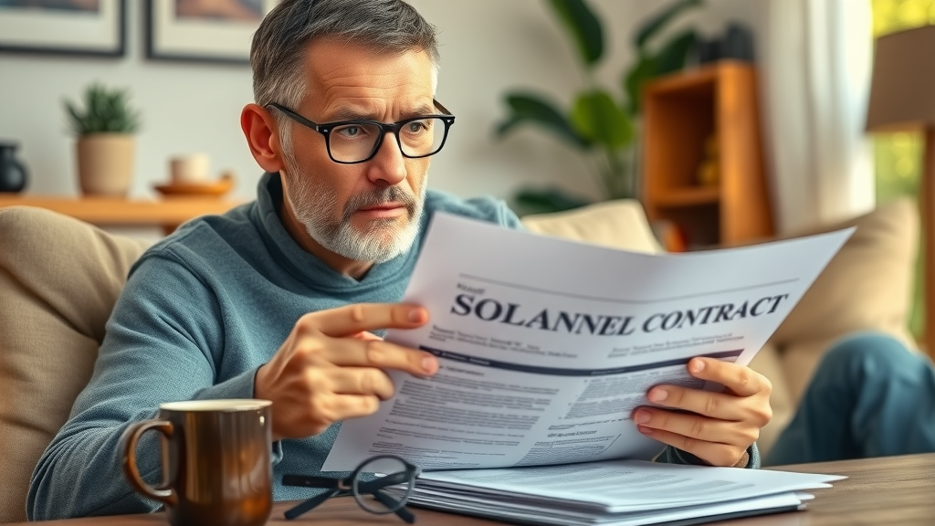 Alert homeowner inspecting contract for unclear details in a solar panel quote, evaluating solar panel quotes checklist