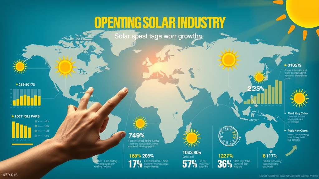 Global solar industry infographic showing growth statistics with sun icons and world map