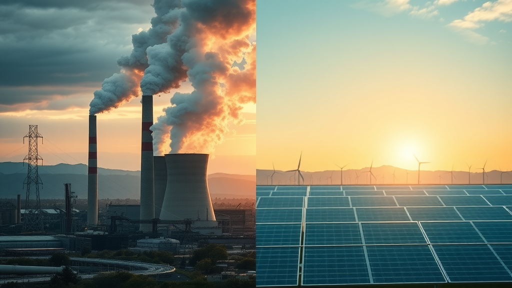 Split-view contrasting fossil fuel facility with solar field showing energy transition