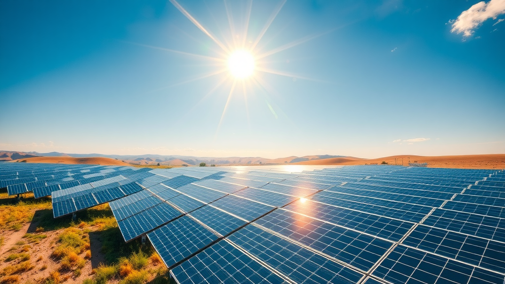 Expansive solar farm harnessing sunlight illustrating renewable energy transition