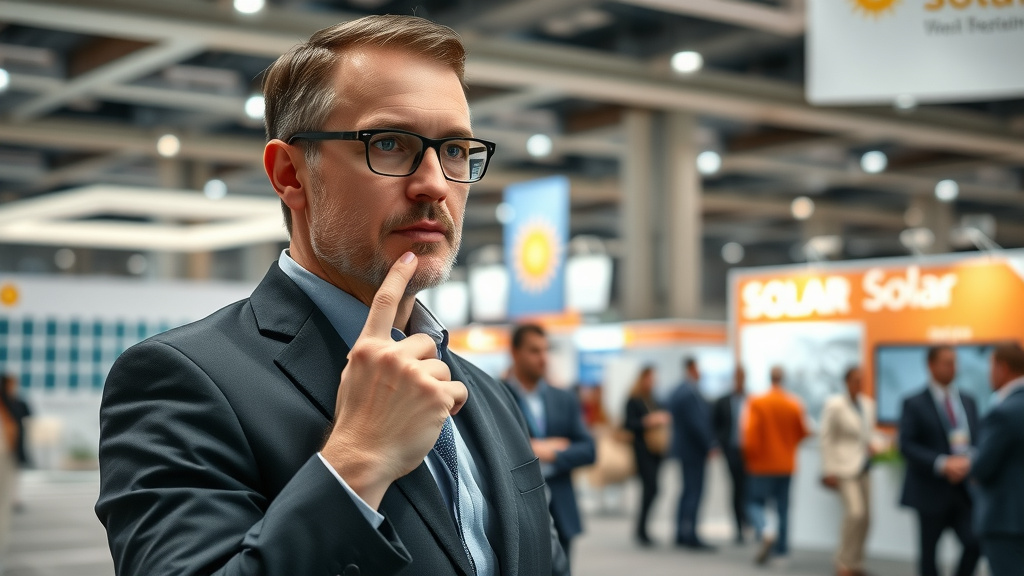 Determined entrepreneur engaging in solar industry discussions showing leadership growth