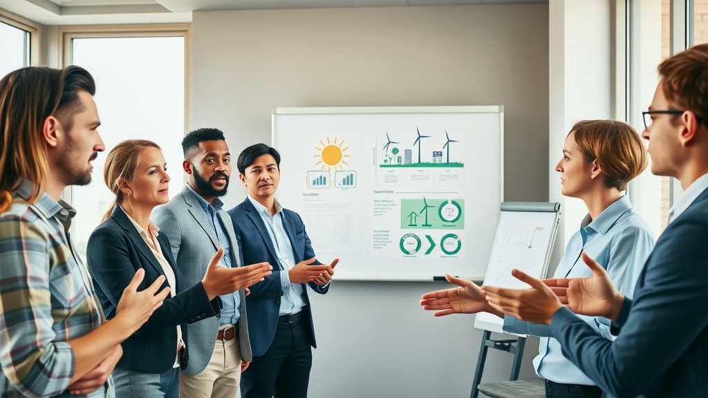 Professionals exchanging questions about solar power and energy transition