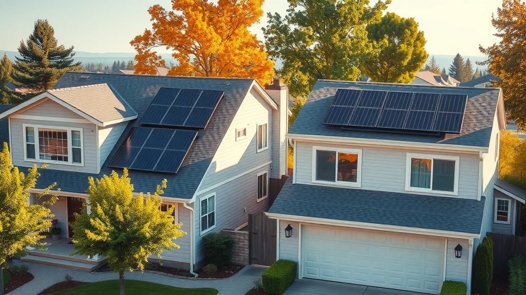 solar quotes price differences explained, suburban neighborhood with two homes, one with solar panels and one without, photorealistic, morning sunlight