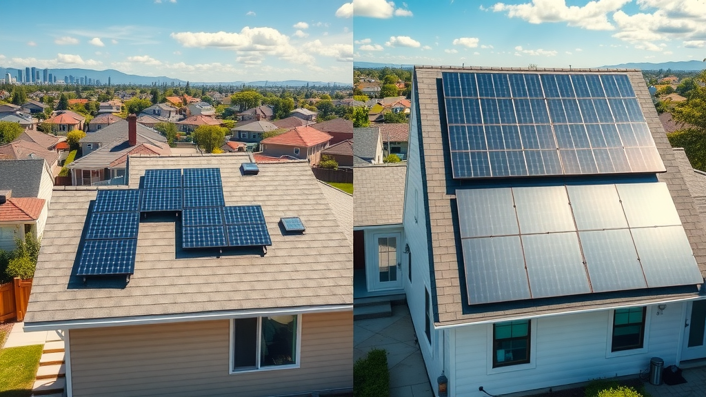 solar quotes price differences explained, side-by-side view of compact and large rooftop solar arrays, drone lens, sunlight and cloud shadows