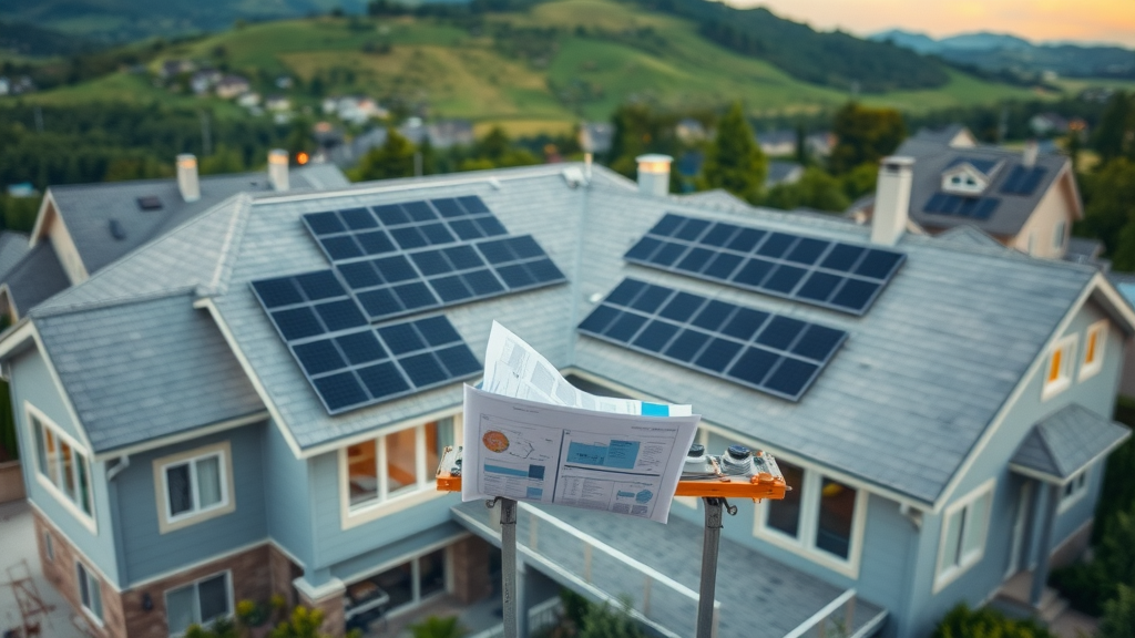 solar quotes price differences explained, complex multi-angled home rooftop with custom-fitted solar panels, technician analyzing layout