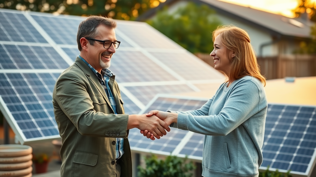 solar quotes price differences explained, confident consultant shaking hands with homeowner next to solar array, trust and satisfaction