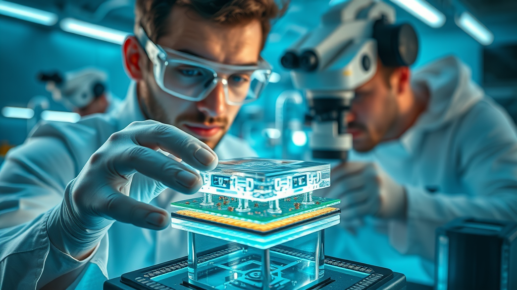 Closeup of innovative perovskite solar cell at RE+2025, scientists analyzing solar cell layers in a high-tech laboratory setting