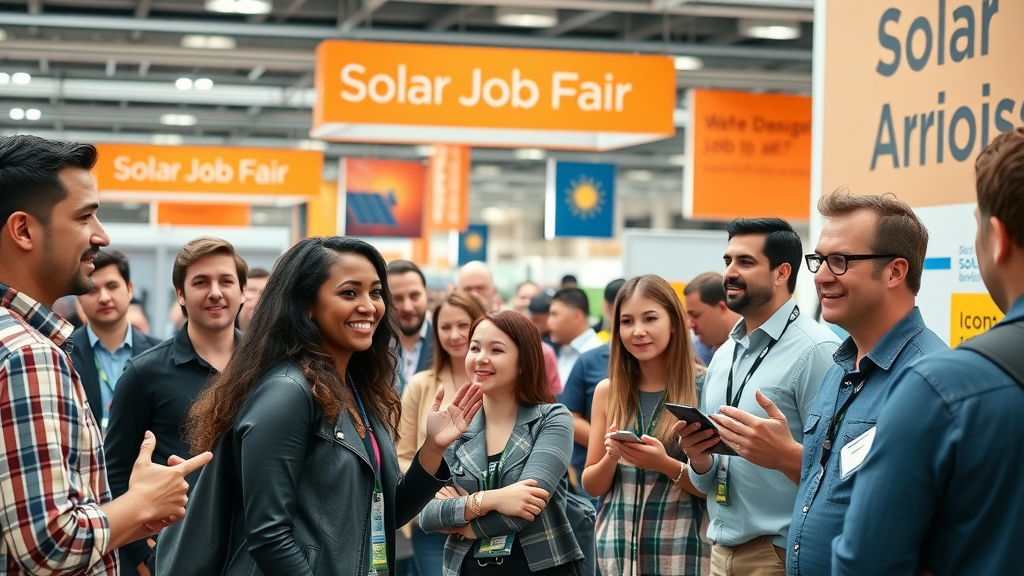 solar engineering jobs RE+2025, diverse professionals networking at solar job fair booth with industry leaders and solar panels in expo background