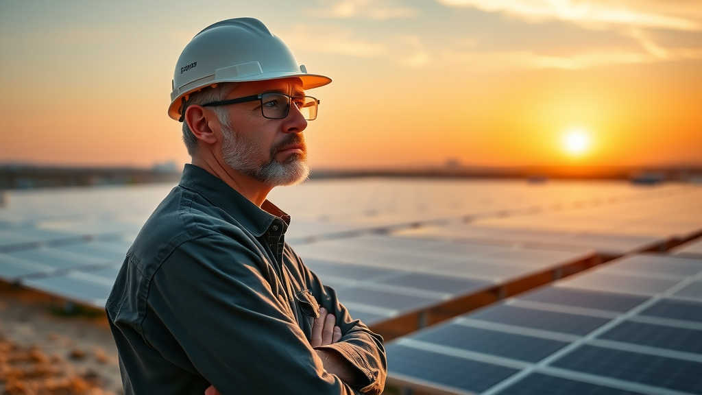 solar engineer overlooking solar farm at sunset, reflecting on industry changes, modern solar array and energy infrastructure in the background