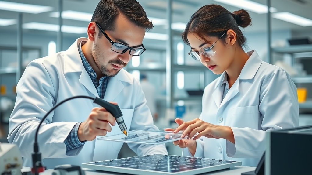 Researchers examining perovskite solar panels with digital equipment in a modern laboratory; focus on perovskite solar cell efficiency degradation mechanisms