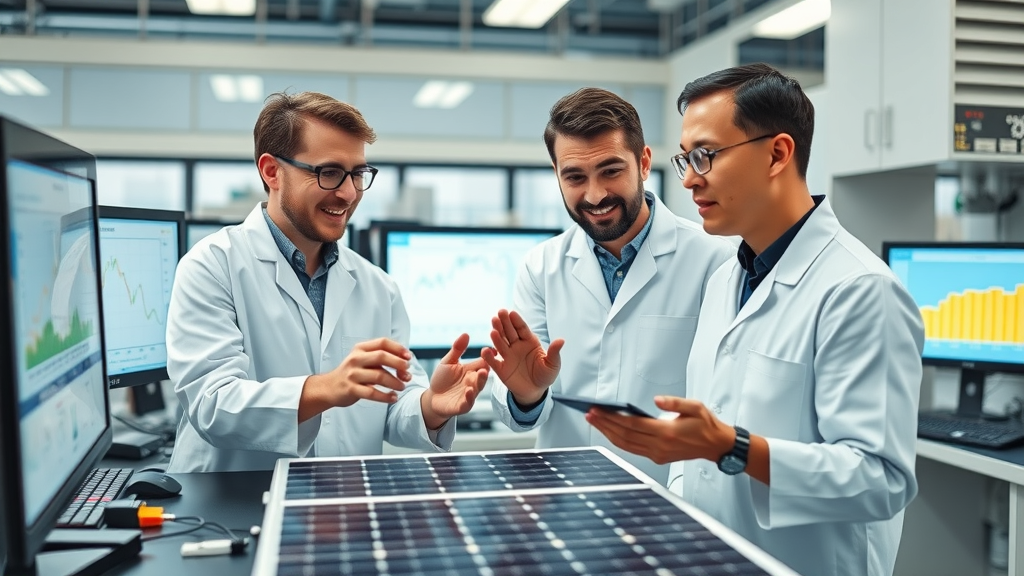 Experimental tandem solar cell array with researchers comparing test results in a high-tech laboratory
