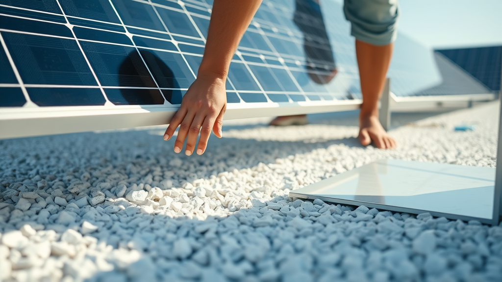 Bifacial solar panel installation with white gravel and painted reflective ground surface for albedo optimization