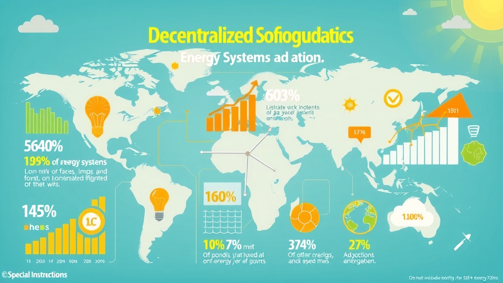 Infographic illustrating global adoption and impact of decentralized energy systems with vibrant energy lines and world map
