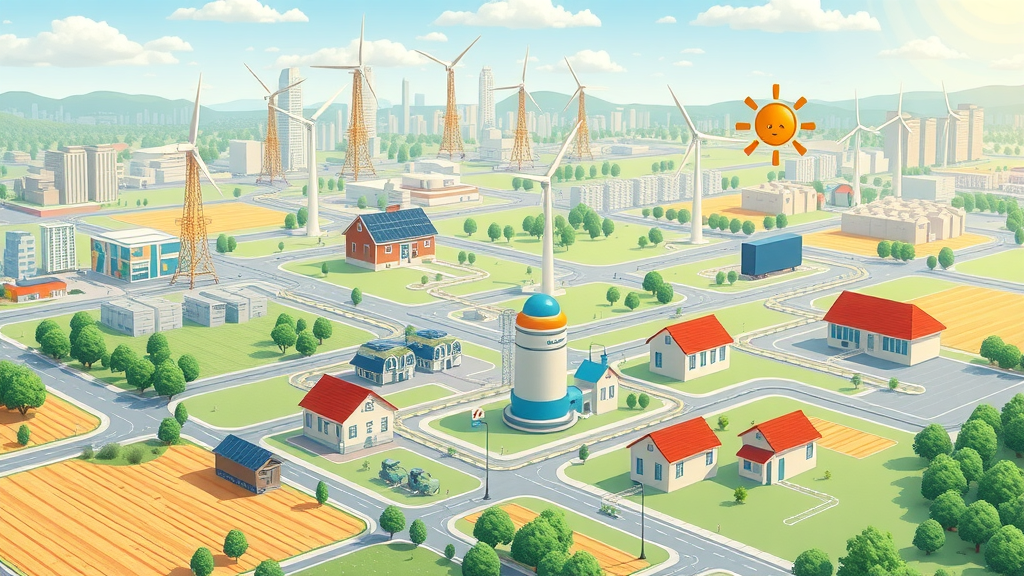 Diagram of decentralized energy network linking solar panels, wind turbines, batteries, and homes in urban and rural settings