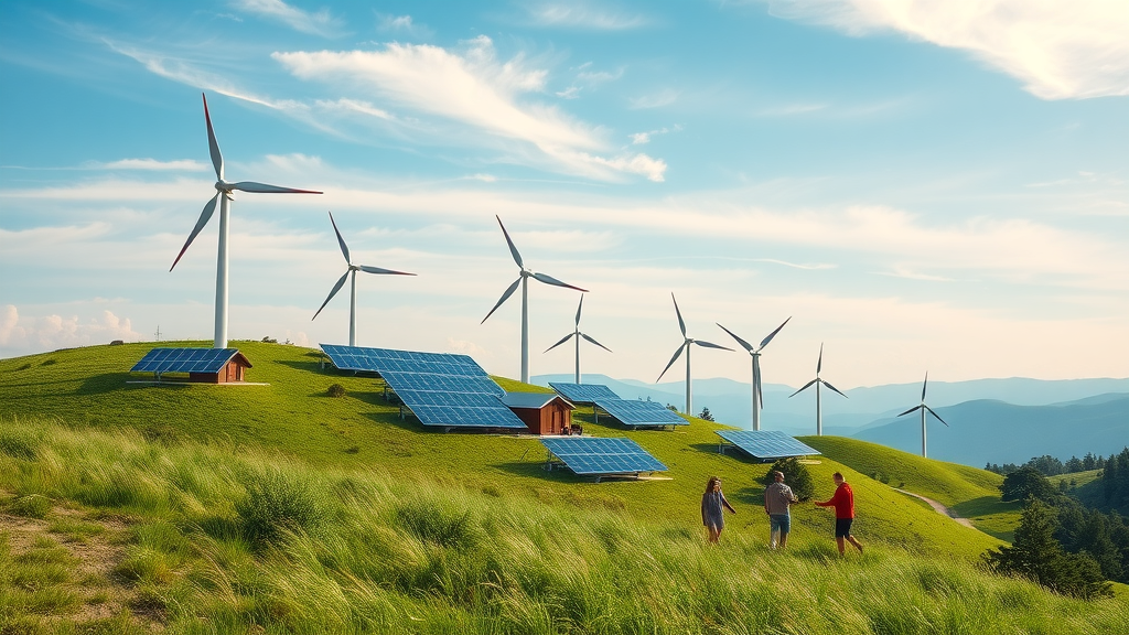 Renewable energy community with solar plants and wind turbines integrated into a green environment with families outdoors