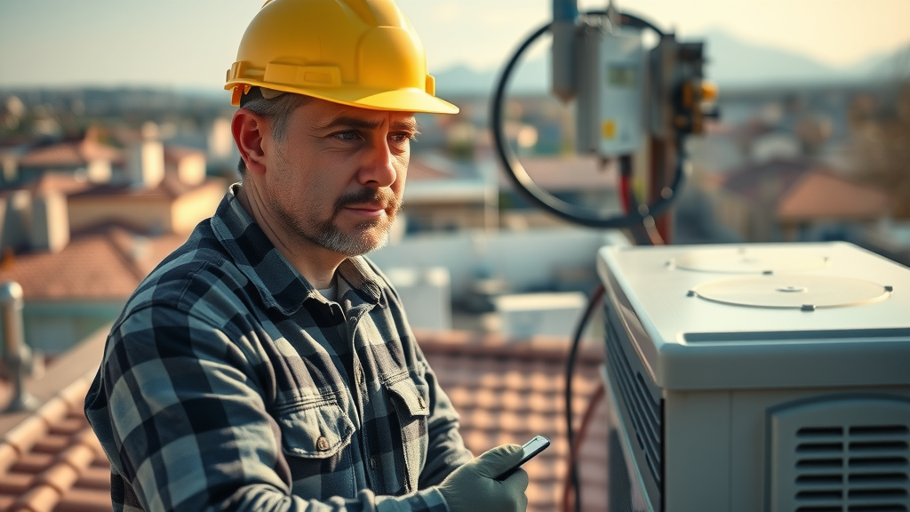 Engineer inspecting solar inverter installation on rooftop, focused on solving challenges in decentralized energy systems